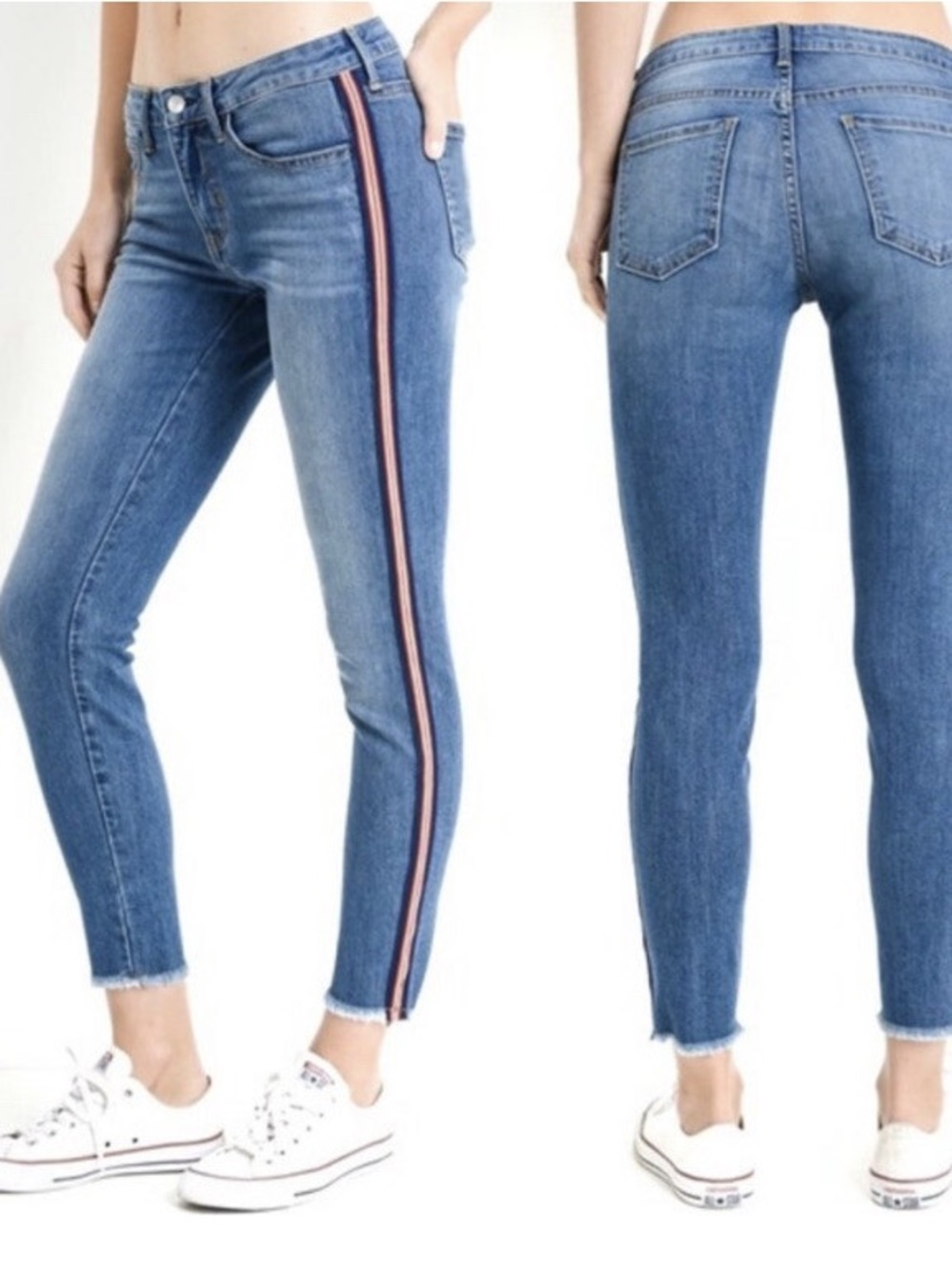 Just Black Denim Women's Blue Skinny Jeans with Side Stripe and frayed hem